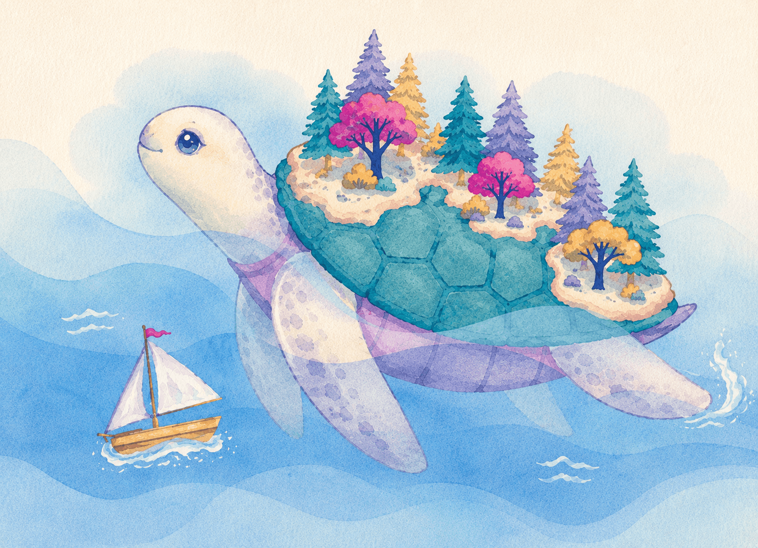 Watercolour turtle carrying a forest across water